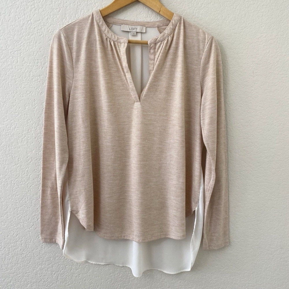 Loft Blouse Top Size Small Tan Mixed Media Hi Lo Hem